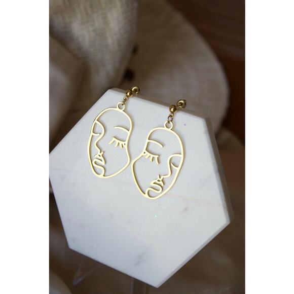 Abstract Face Earrings, Gold Stainless Steel Modern Art Hoops - Picture 5 of 5